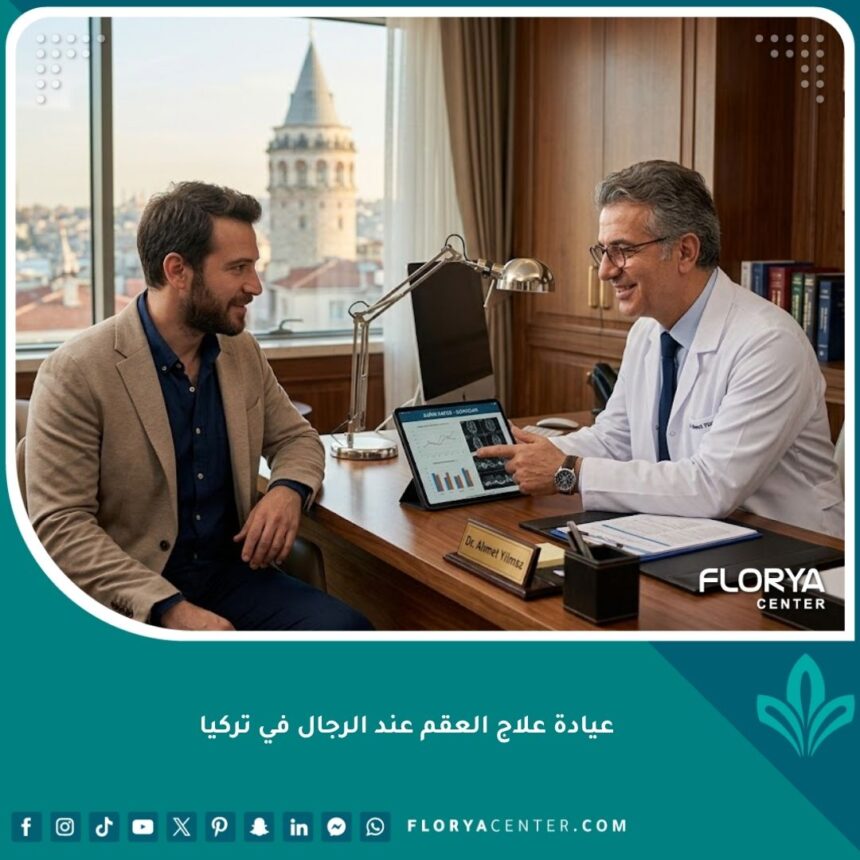 واجهة عيادة علاج العقم عند الرجال في تركيا مع طبيب متخصص وأجواء طبية فاخرة.