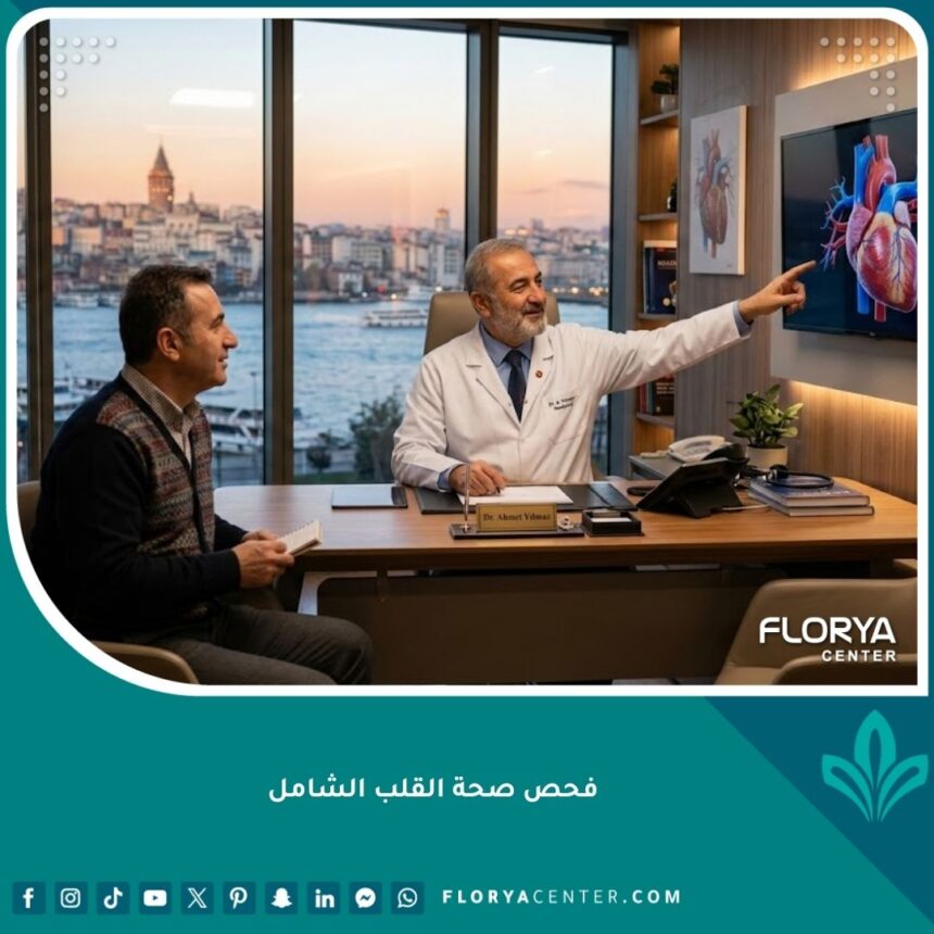 طبيب قلب يناقش نتائج فحص صحة القلب الشامل مع مريض في مستشفى حديث في إسطنبول مع إطلالة على البوسفور.