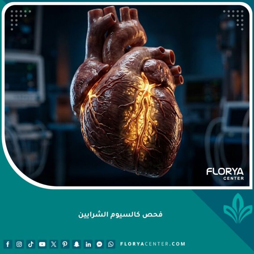صورة واقعية سينمائية لقلب بشري تظهر ترسبات الكالسيوم في الشرايين التاجية لتقييم مخاطر النوبات القلبية.