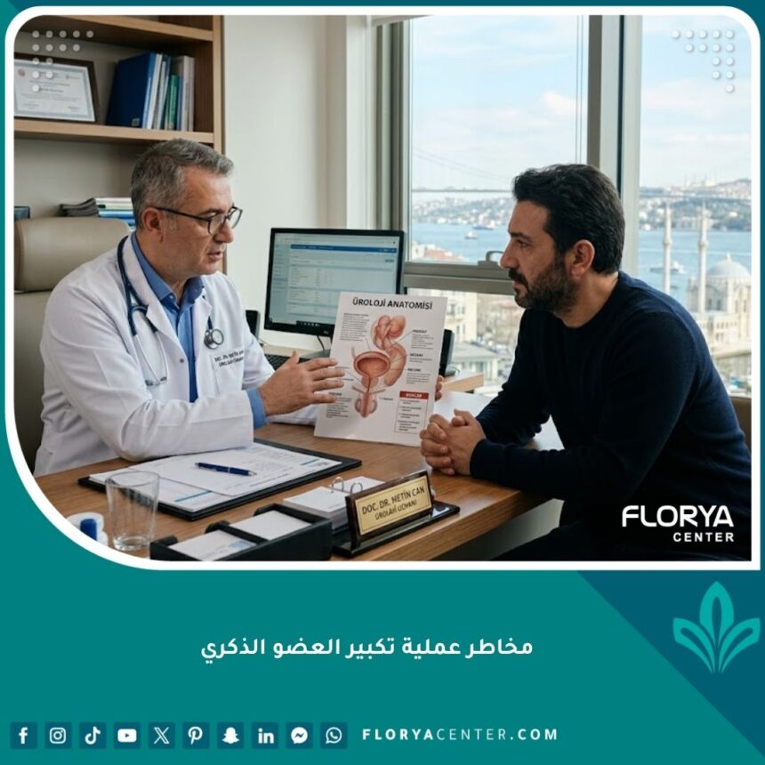 طبيب جراح يشرح مخاطر عملية تكبير العضو الذكري لمريض في عيادة حديثة باسطنبول