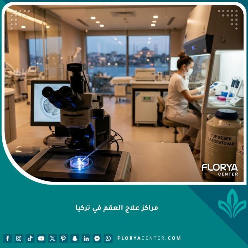 واجهة مقال حول مراكز علاج العقم في تركيا تظهر مختبر أطفال أنابيب متطور بأحدث التقنيات.