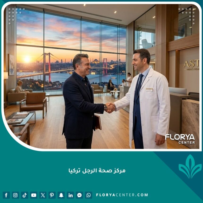 واجهة مركز صحة الرجل في تركيا مع إطلالة على مدينة إسطنبول، تعكس الفخامة والرعاية الطبية المتقدمة.