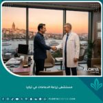 واجهة مستشفى زراعة الدعامات في تركيا توضح جلسة استشارة طبية مع إطلالة على مدينة اسطنبول.