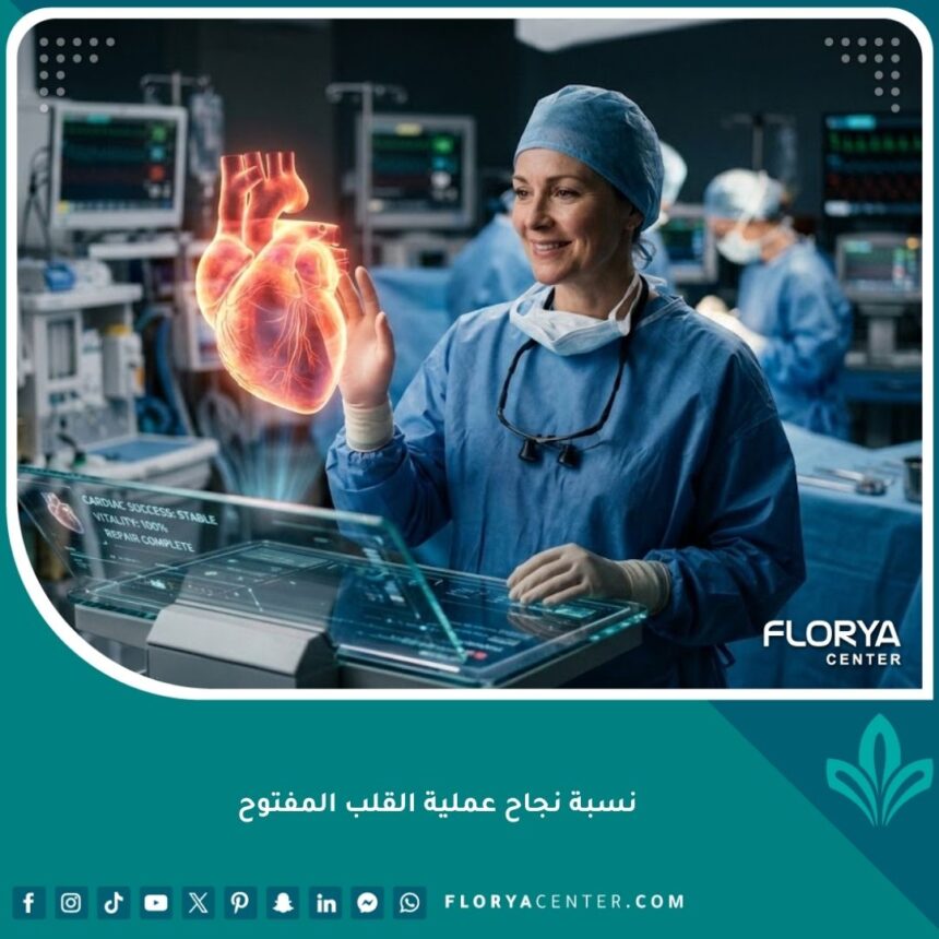 جراح قلب متخصص يقف في غرفة عمليات حديثة يرمز لارتفاع نسبة نجاح عملية القلب المفتوح.
