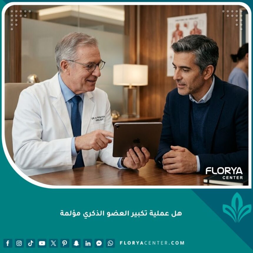 طبيب مختص يشرح للمريض مدى الألم المتوقع بعد عملية تكبير العضو الذكري في عيادة حديثة.
