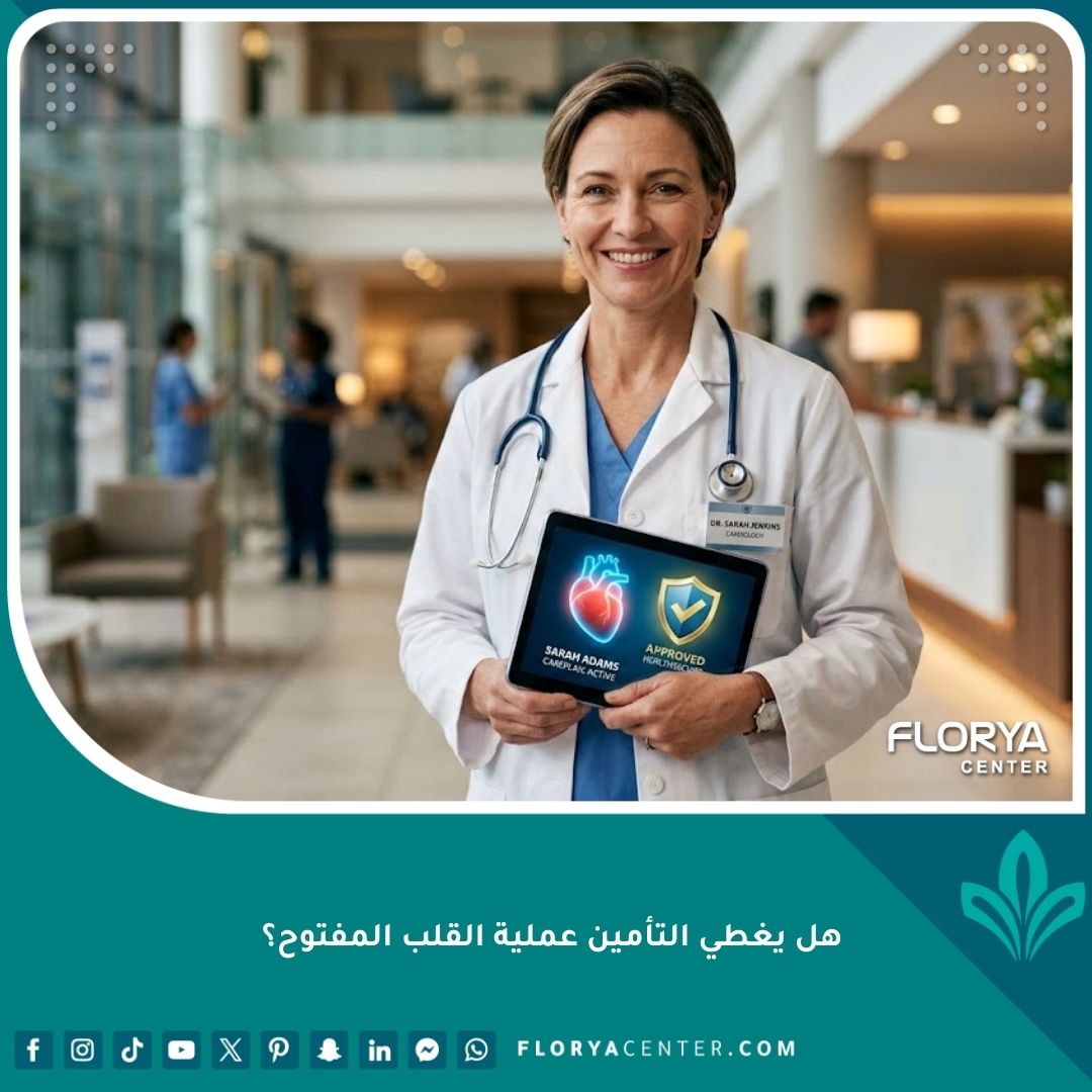 طبيب يحمل جهاز لوحي يظهر شعار تأمين طبي وعملية القلب المفتوح في مستشفى حديث.