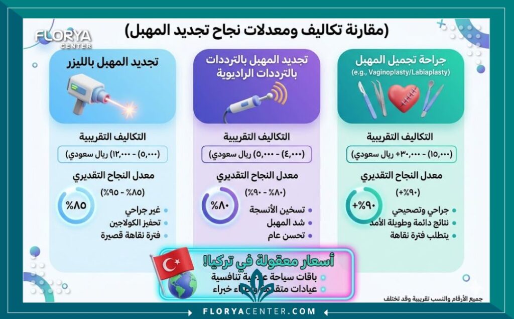 إنفوجرافيك يوضح مقارنة تكلفة تضييق المهبل في تركيا مقابل الدول الأخرى.