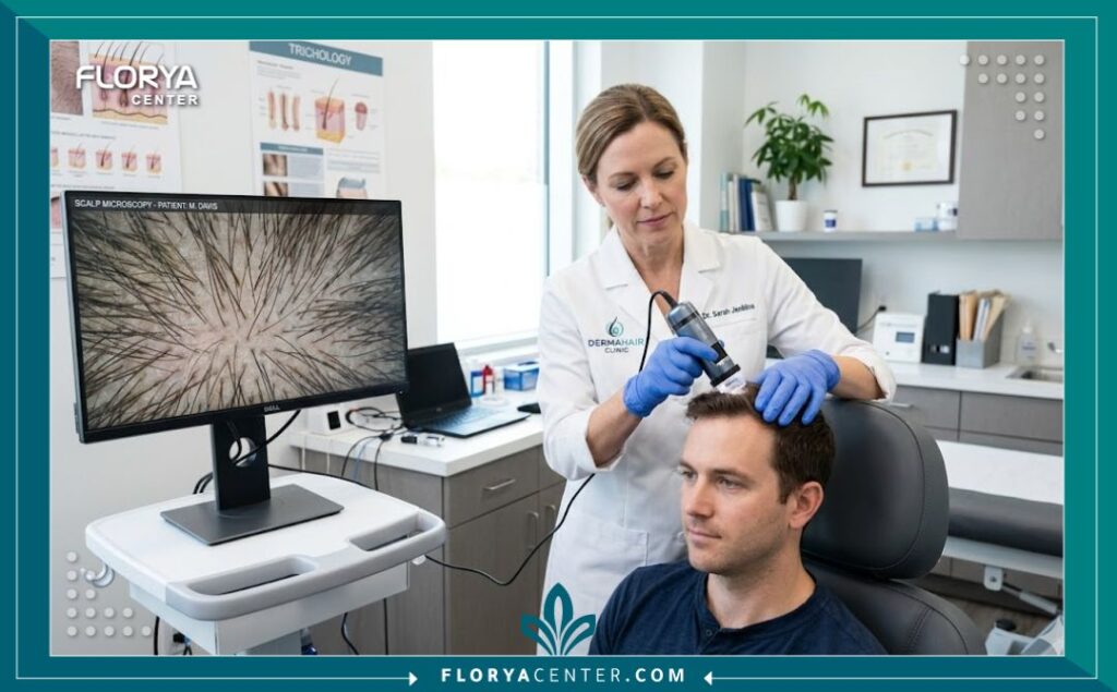 طبيب مختص يقوم بفحص فروة رأس المريض لتشخيص أسباب تساقط الشعر في عيادة حديثة.