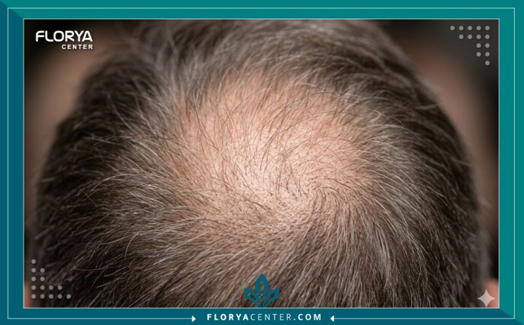 صورة قريبة توضح ترقق الشعر في منطقة التاج عند الرجال نتيجة الصلع الهرموني.