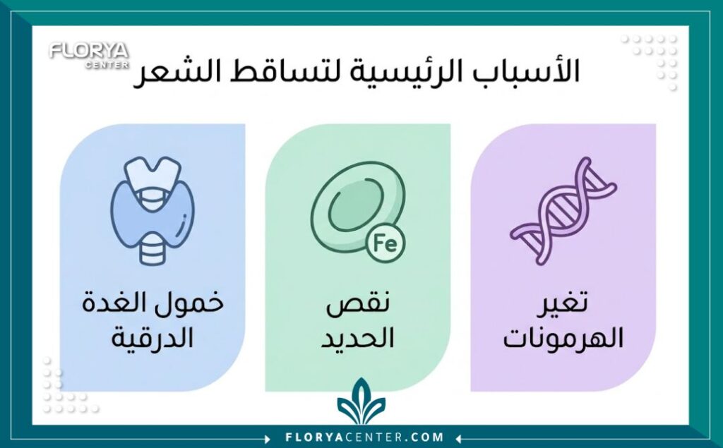 إنفوجرافيك يوضح أسباب تساقط الشعر عند النساء ومنها نقص الحديد واضطرابات الغدة الدرقية.