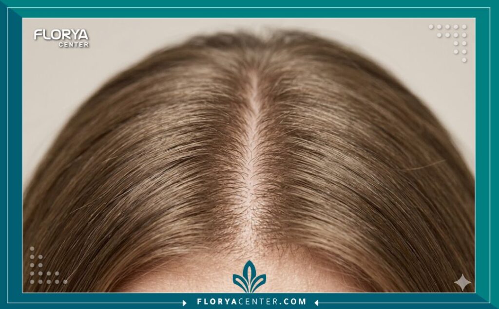 لقطة قريبة توضح تأثير تساقط الشعر على فروة الرأس لدى النساء للحاجة إلى فحص هرموني.