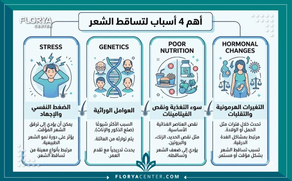 إنفوجرافيك يوضح أهم أسباب تساقط الشعر عند الرجال والنساء بما في ذلك التوتر والتغذية.