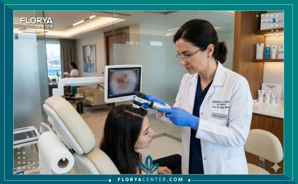 طبيبة جلدية تقوم بفحص فروة الرأس لتشخيص أسباب تساقط الشعر في عيادة متخصصة.