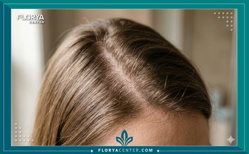 لقطة قريبة توضح فراغات الشعر في مقدمة الرأس الناتجة عن خلل الهرمونات.