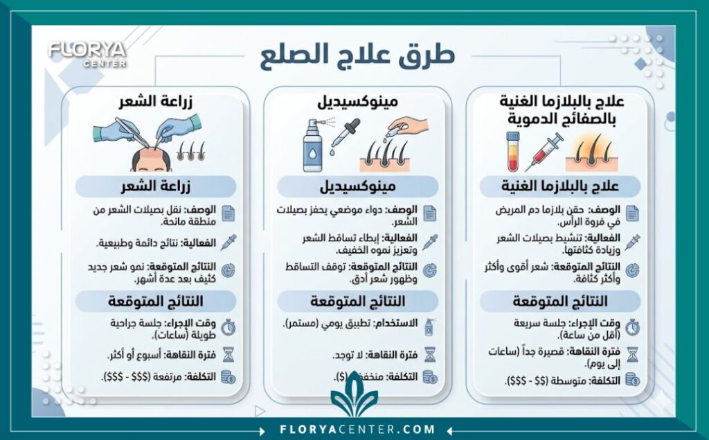 انفوجرافيك مقارنة بين طرق علاج الصلع للرجال: زراعة الشعر، المينوكسيديل، وحقن البلازما.