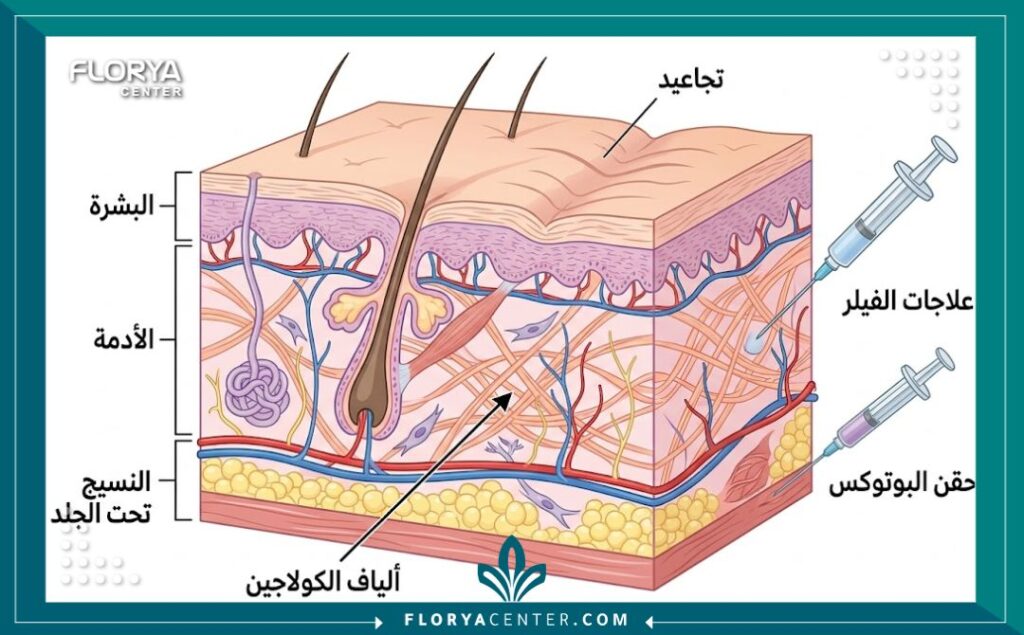 مخطط توضيحي لطبقات الجلد واستهداف علاجات التجميل.