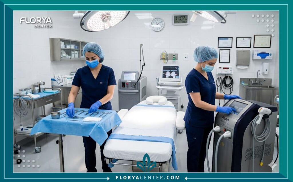 غرفة عمليات معقمة ومجهزة بأحدث التقنيات في مركز تجميل نسائي.