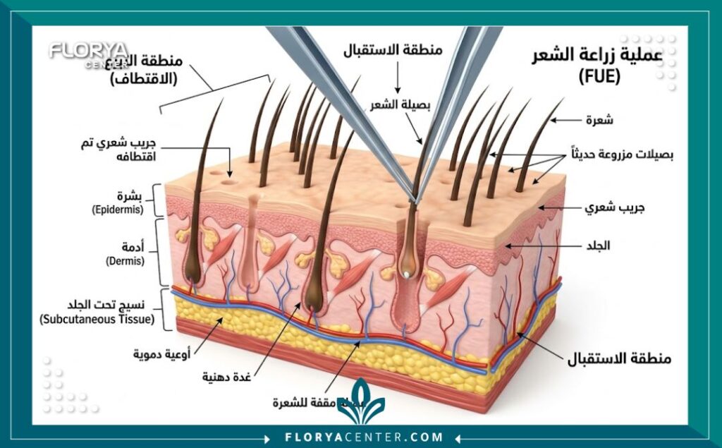 رسم تخطيطي طبي يوضح تشريح فروة الرأس وكيفية غرس بصيلات الشعر أثناء العملية.