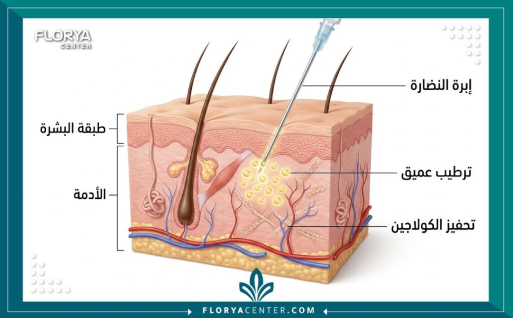 رسم تخطيطي طبي يوضح كيفية حقن إبر النضارة (الميزوثيرابي) في طبقة الأدمة لتجديد خلايا البشرة وترطيبها.