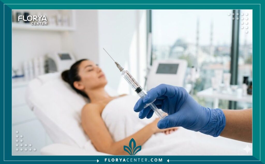 طبيبة جلدية متخصصة تستعد لحقن إبر النضارة لمريضة داخل عيادة تجميل عصرية ومعقمة في تركيا.