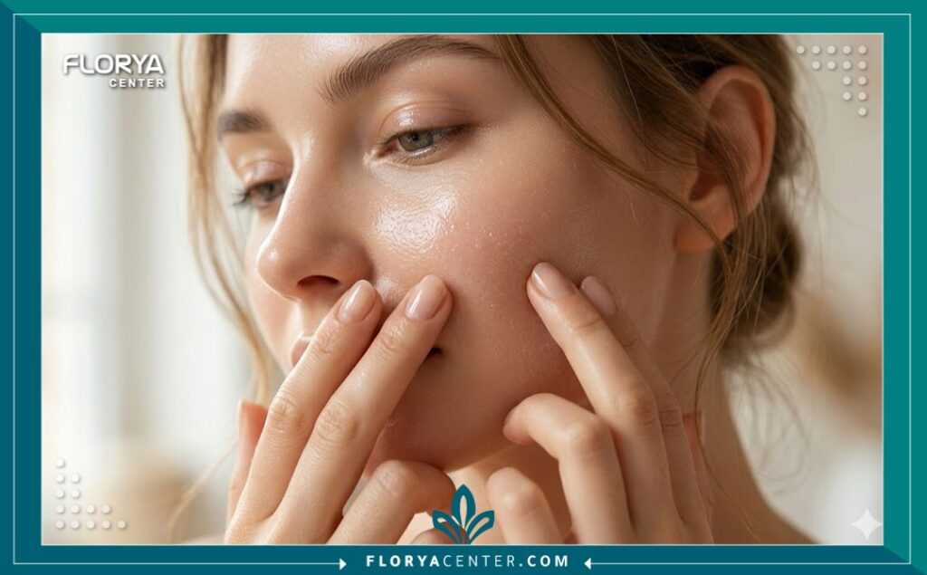 لقطة مقربة تظهر ملمس البشرة الرطب والممتلئ والمتوهج بعد الحصول على نتائج إبر النضارة الهيالورونيك.