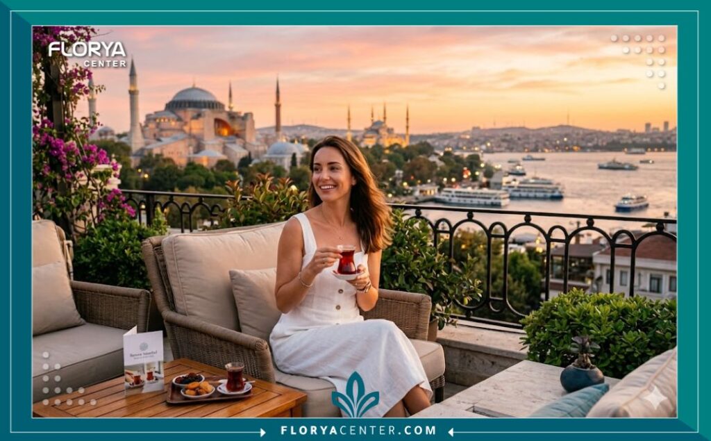 سيدة تستمتع بوقتها وتبدو مشرقة في إسطنبول بعد رحلة علاجية ناجحة لحقن إبر النضارة في تركيا.