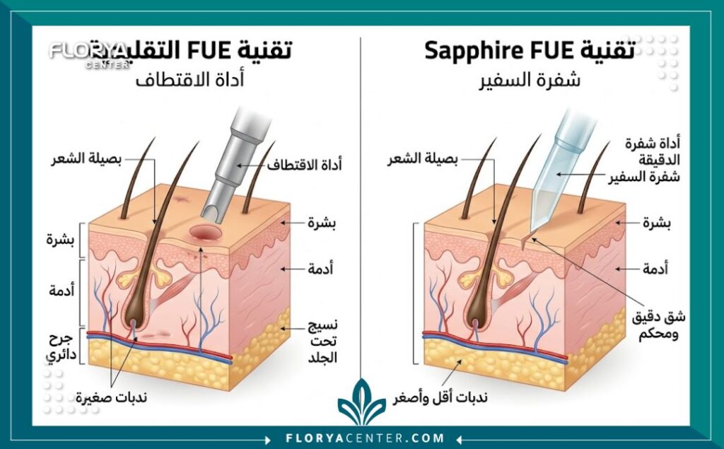 رسم تخطيطي طبي يوضح الفرق بين تقنية زراعة الشعر بالسفير (Sapphire) والتقنيات التقليدية من حيث دقة الفتحات.