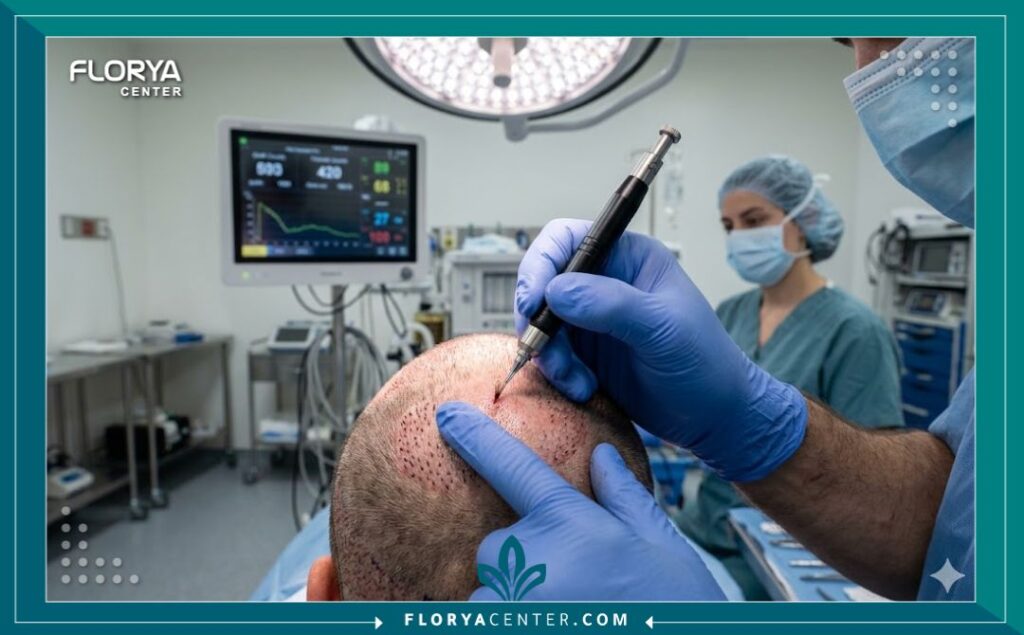 لقطة مقربة تظهر طبيب زراعة شعر يستخدم أقلام تشوي (DHI) الدقيقة لزراعة البصيلات مباشرة دون جراحة.