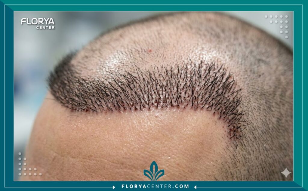 صورة مكبرة لخط الشعر الأمامي بعد عملية زراعة شعر ناجحة توضح الكثافة العالية والمظهر الطبيعي بدون ندبات.