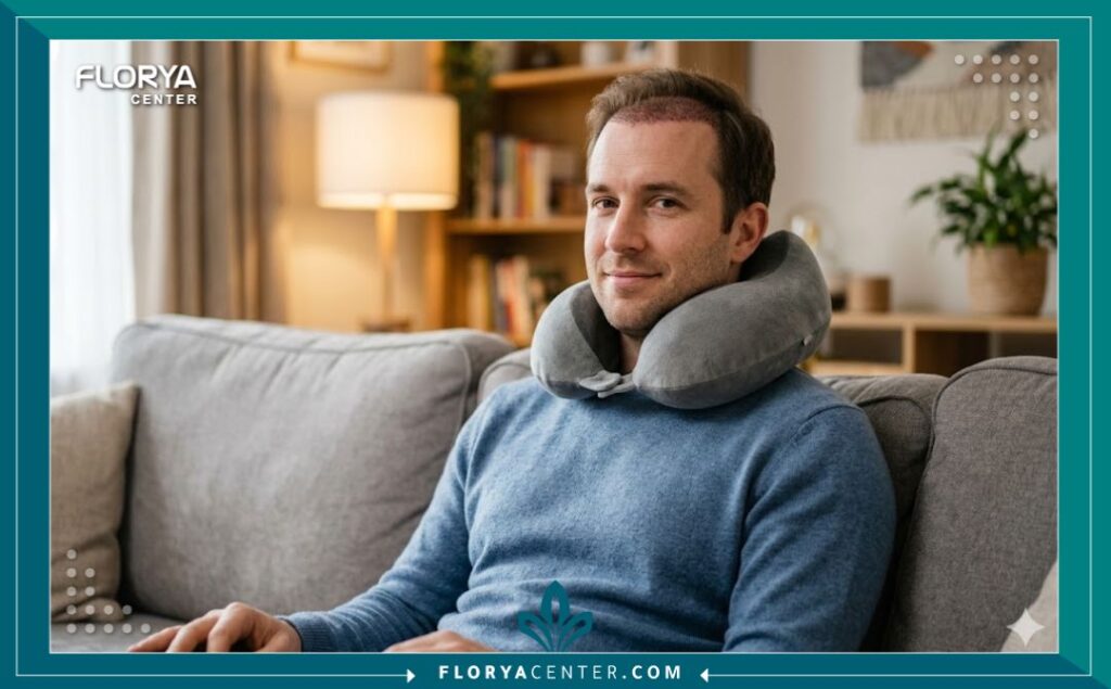 الطريقة الصحيحة للجلوس والنوم باستخدام وسادة الرقبة الطبية بعد زراعة الشعر.