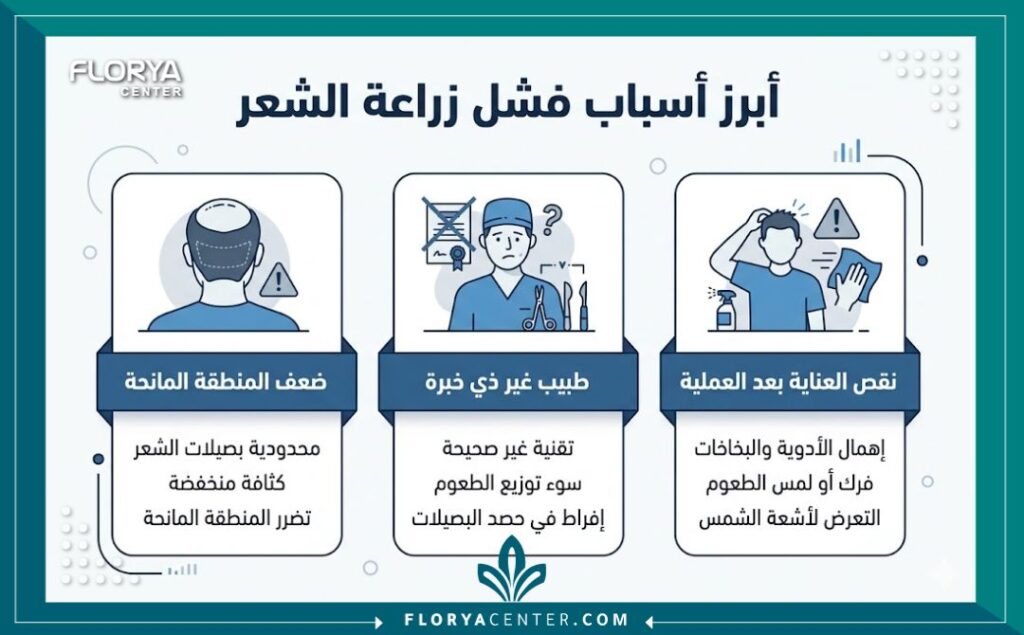 إنفوجرافيك يوضح قائمة أهم اسباب فشل زراعة الشعر التي يجب الحذر منها قبل العملية.