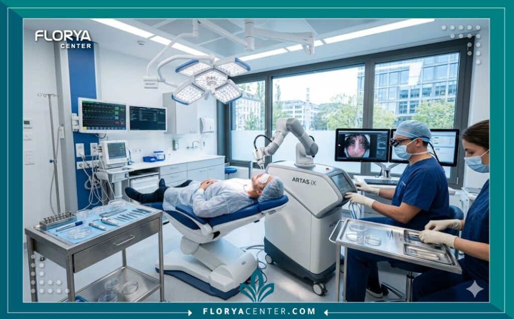 غرفة عمليات حديثة ومعقمة في تركيا مجهزة بأحدث التقنيات لتقليل احتمالية فشل زراعة الشعر.