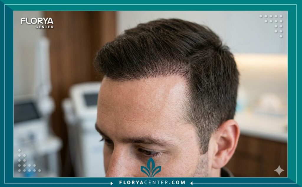 صورة مقربة تظهر كثافة الشعر الطبيعية بعد عملية الزراعة في تركيا لضمان أفضل قيمة مقابل السعر.