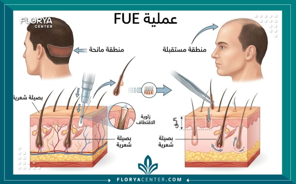 مخطط توضيحي لعملية اقتطاف الوحدة البصيلية FUE في مراكز زراعة الشعر في تركيا