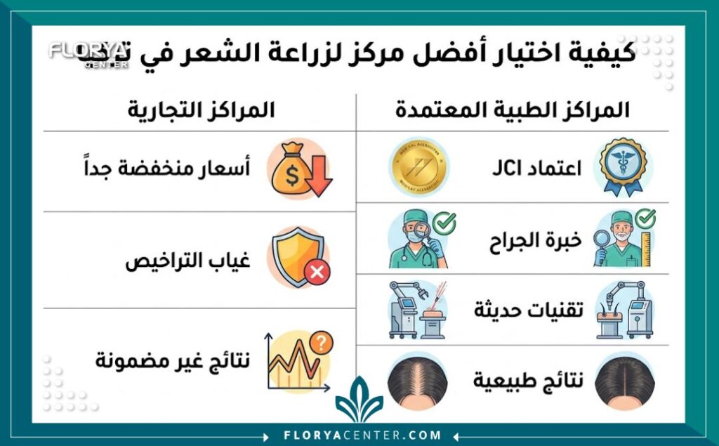 انفوجرافيك يوضح معايير اختيار أفضل واشهر مراكز زراعة الشعر في تركيا