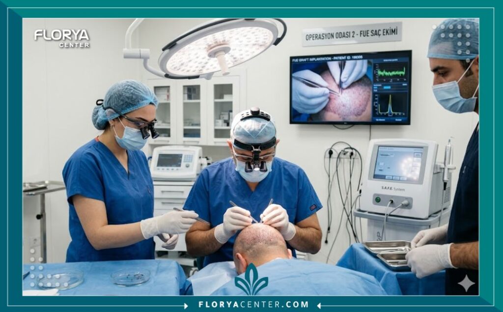 فريق طبي تركي متخصص يجري عملية زراعة شعر بدقة في غرفة عمليات معقمة في اسطنبول