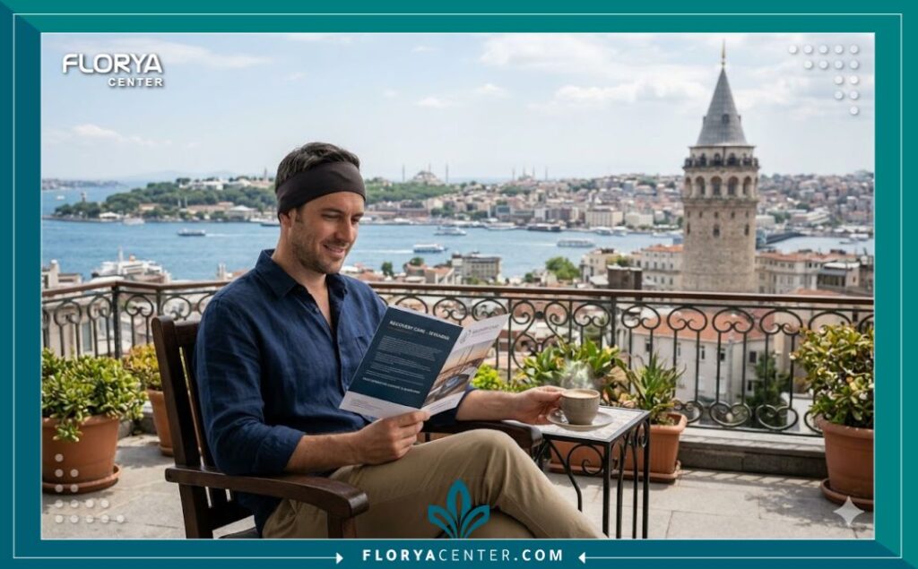 مريض في مرحلة الاستشفاء يستمتع بإطلالة البوسفور في اسطنبول بعد إجراء زراعة الشعر