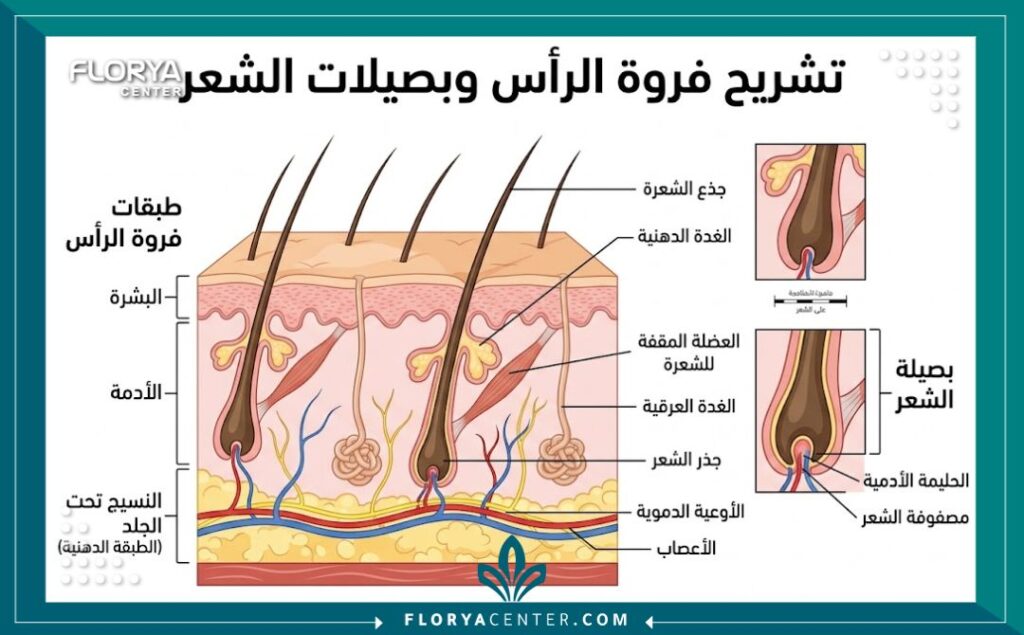 رسم تخطيطي يوضح تشريح فروة الرأس وتأثير عملية زراعة الشعر على الأنسجة.