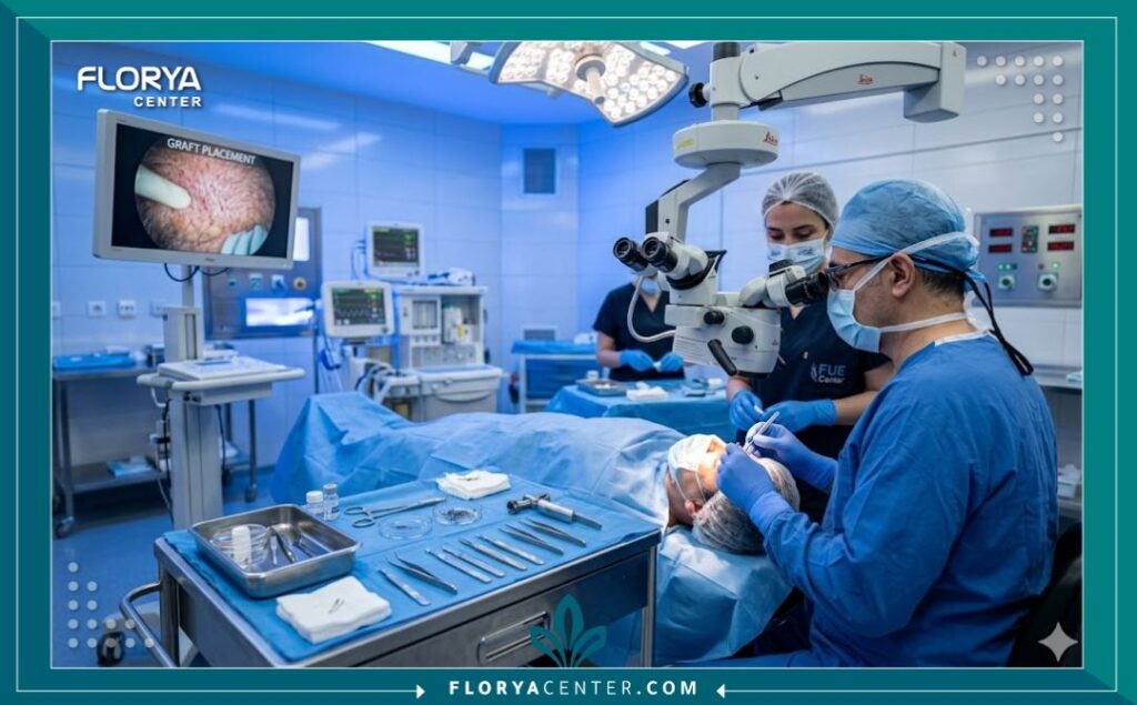 غرفة عمليات معقمة لزراعة الشعر توضح معايير الأمان للحد من مخاطر العدوى.