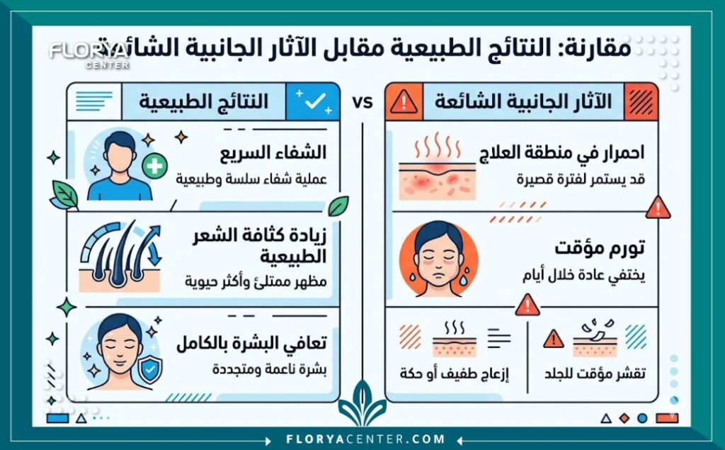 انفوجرافيك يوضح الآثار الجانبية المؤقتة مقابل اضرار زراعة شعر الذقن الدائمة.