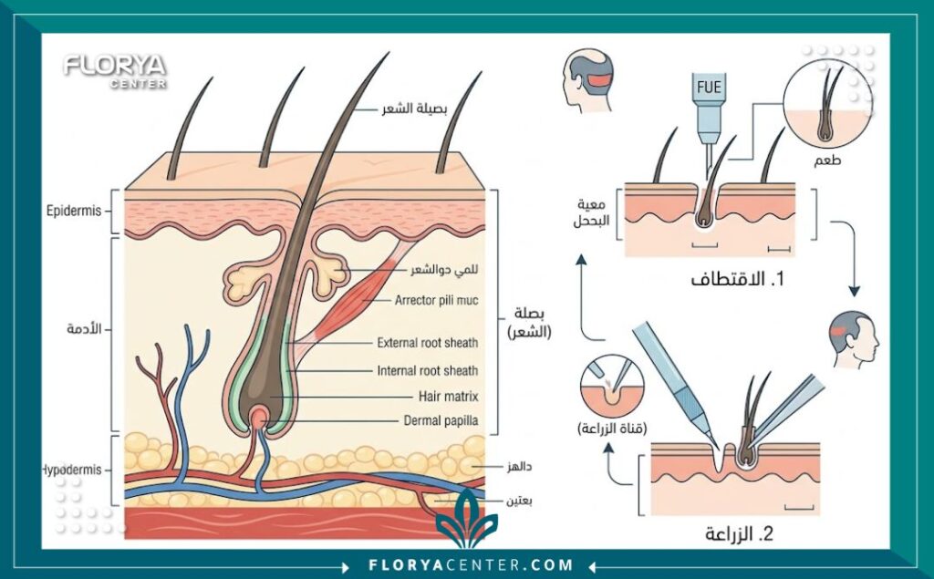 رسم توضيحي طبي يشرح تشريح بصيلة الشعر ومراحل زراعتها بدقة من قبل طبيب مختص.