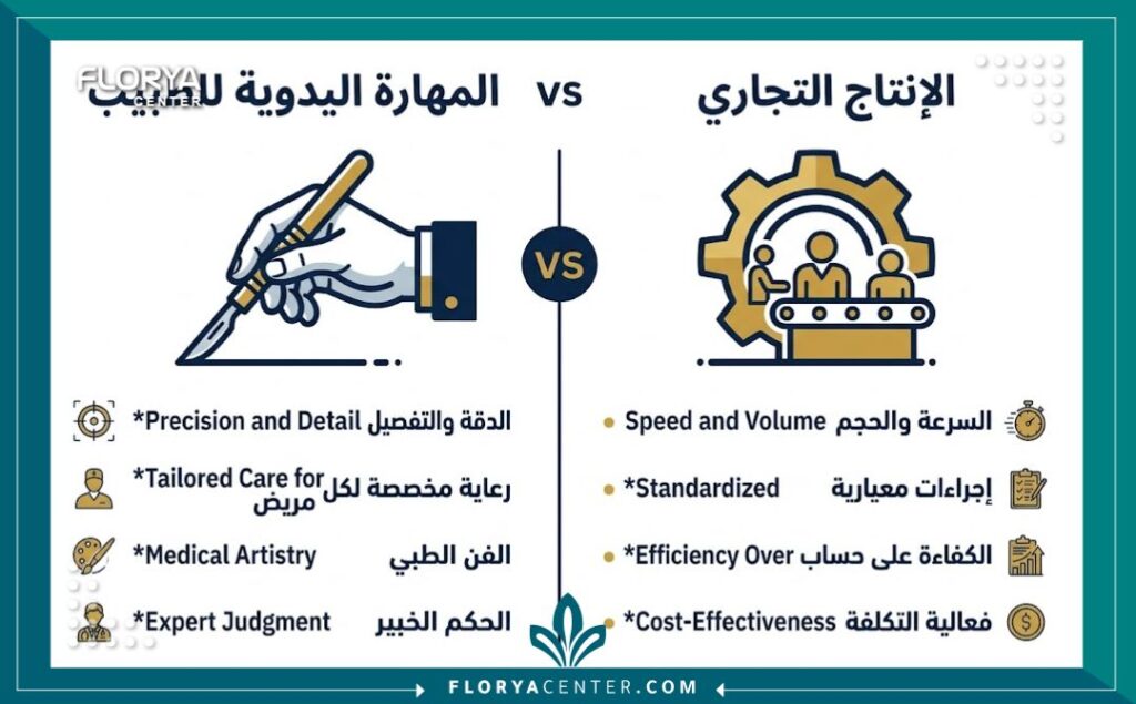 إنفوجرافيك يوضح الفرق بين افضل دكتور زراعة شعر في تركيا في مهارة الطبيب اليدوية في زراعة الشعر والعمليات التجارية الجماعية.