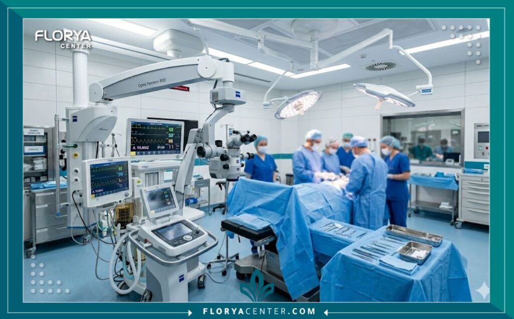 غرفة عمليات معقمة ومجهزة بأحدث التقنيات لضمان نجاح عملية زراعة الشعر في تركيا.