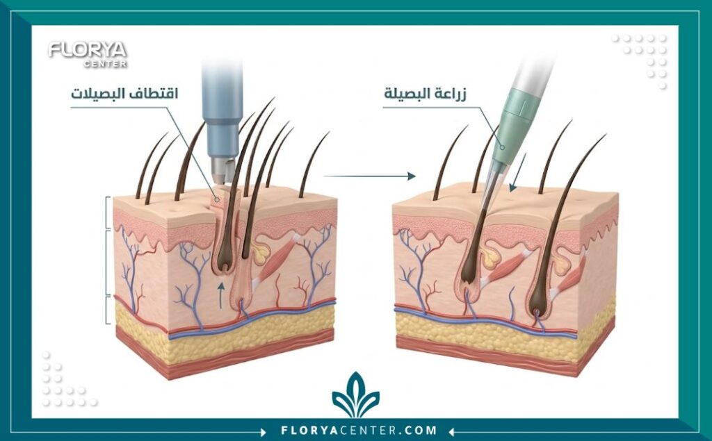رسم توضيحي يشرح تشريح فروة الرأس وكيفية زراعة البصيلات في مراكز تركيا.