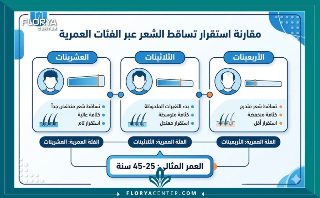 إنفوجرافيك يوضح مقارنة بين استقرار تساقط الشعر في مختلف الأعمار لتحديد موعد افضل عمر لزراعة الشعر.