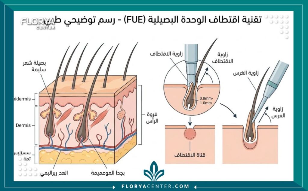 رسم توضيحي طبي يبين تشريح فروة الرأس وتقنية FUE لزراعة الشعر، مع تسميات توضيحية باللغة العربية تشرح كيفية عمل أفضل مراكز زراعة الشعر.