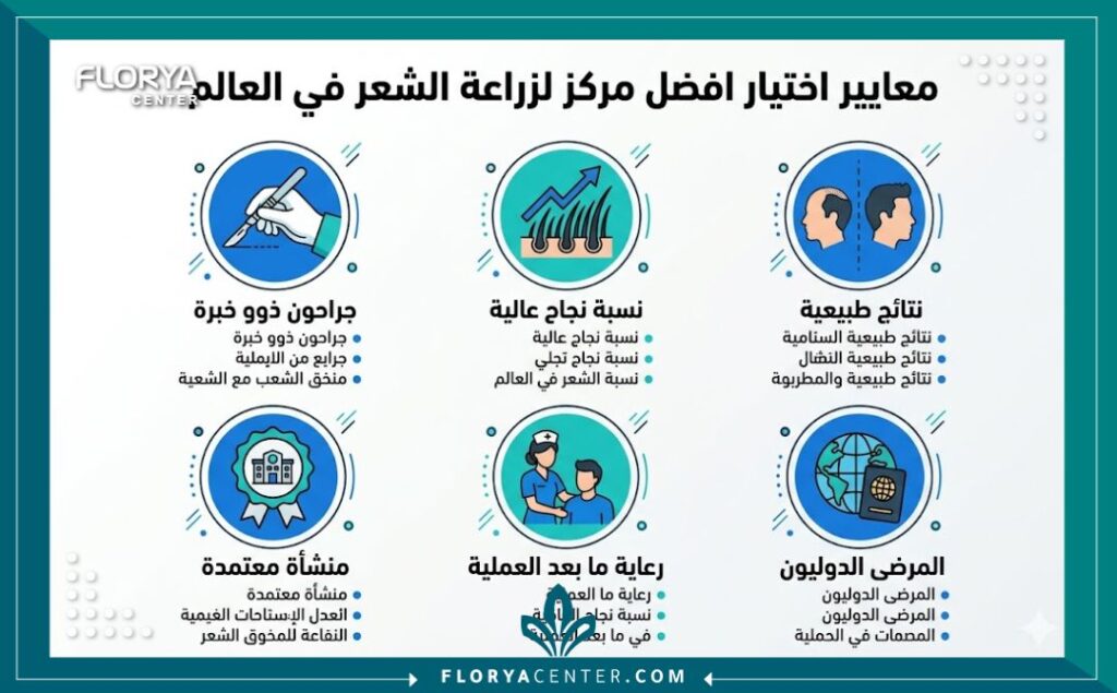 إنفوجرافيك يقارن بين معايير اختيار افضل مركز لزراعة الشعر في العالم، يوضح الخبرة والنتائج والاعتماد والرعاية اللاحقة.