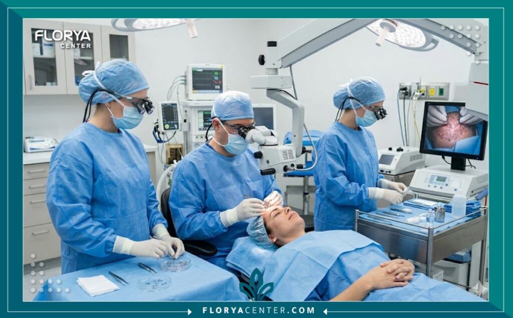 نظرة داخل غرفة عمليات معقمة ومتطورة في أفضل مركز لزراعة الشعر في العالم، حيث يقوم طاقم طبي محترف بإجراء زراعة شعر دقيقة باستخدام المجهر.