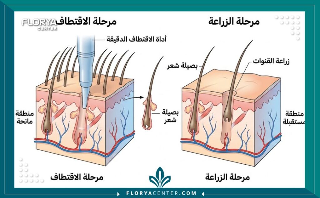 رسم طبي توضيحي يشرح مراحل عملية زراعة الشعر (الاقتطاف) داخل أفضل مستشفى زراعة شعر بتركيا، موضحاً تشريح الجلد والبصيلات باللغة العربية.
