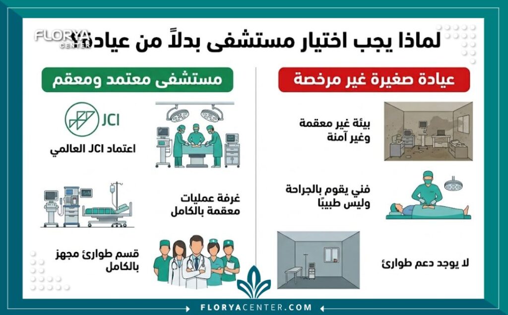 إنفوجرافيك للمقارنة بين مميزات إجراء العملية في افضل مستشفى زراعة شعر بتركيا معتمد ومعقم مقابل مخاطر العيادات الصغيرة، لزراعة الشعر في تركيا.